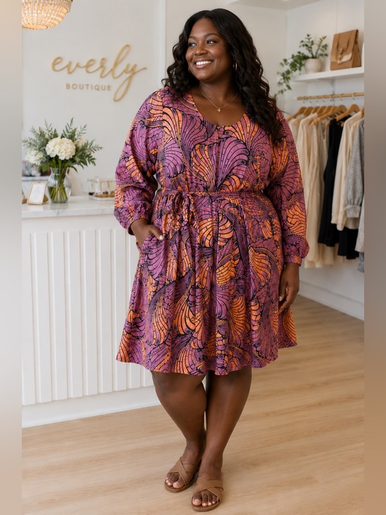 Ray Darten Dresses & Skirts - Ray Darten African Print Dress Purple & Orange Long Sleeve Drawstring Dress 4X